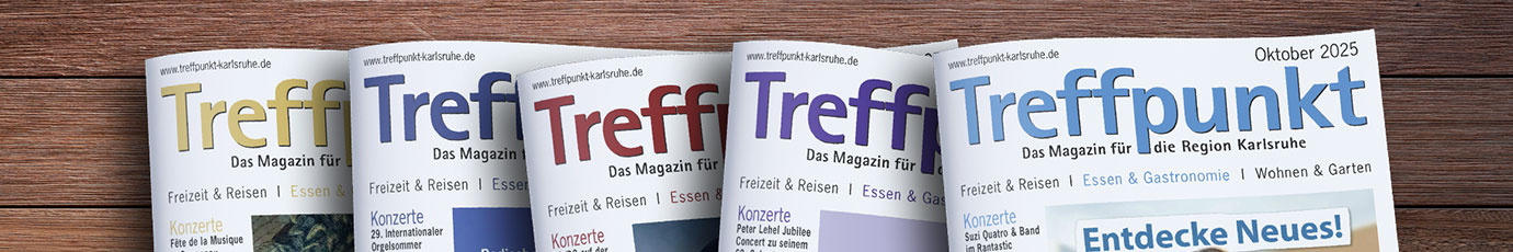 Die Titelseiten der letzten 5 Ausgaben des Magazins Treffpunkt Karlsruhe