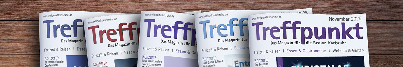 Die Titelseiten der letzten 5 Ausgaben des Magazins Treffpunkt Karlsruhe