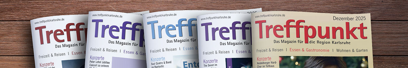 Die Titelseiten der letzten 5 Ausgaben des Magazins Treffpunkt Karlsruhe