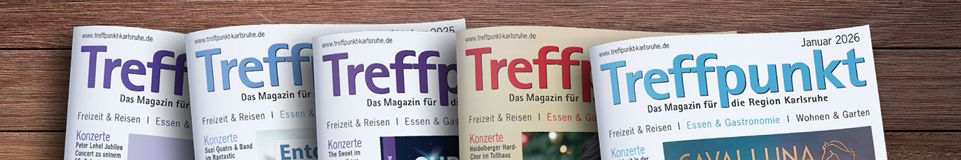 Die Titelseiten der letzten 5 Ausgaben des Magazins Treffpunkt Karlsruhe