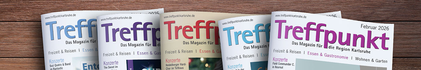 Die Titelseiten der letzten 5 Ausgaben des Magazins Treffpunkt Karlsruhe