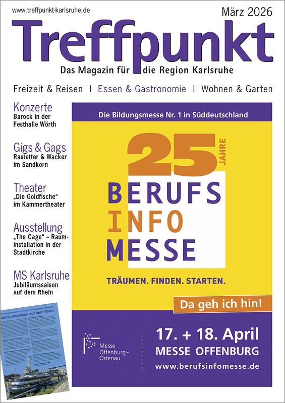 Die Titelseite der März-Ausgabe 2026 des Magazins Treffpunkt Karlsruhe