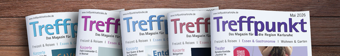 Die Titelseiten der letzten 5 Ausgaben des Magazins Treffpunkt Karlsruhe