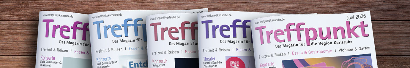 Die Titelseiten der letzten 5 Ausgaben des Magazins Treffpunkt Karlsruhe