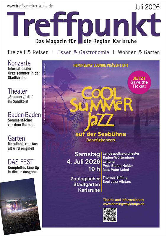 Die Titelseite der Juli-Ausgabe 2026 des Magazins Treffpunkt Karlsruhe