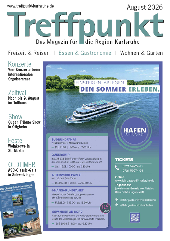 Die Titelseite der August-Ausgabe 2026 des Magazins Treffpunkt Karlsruhe