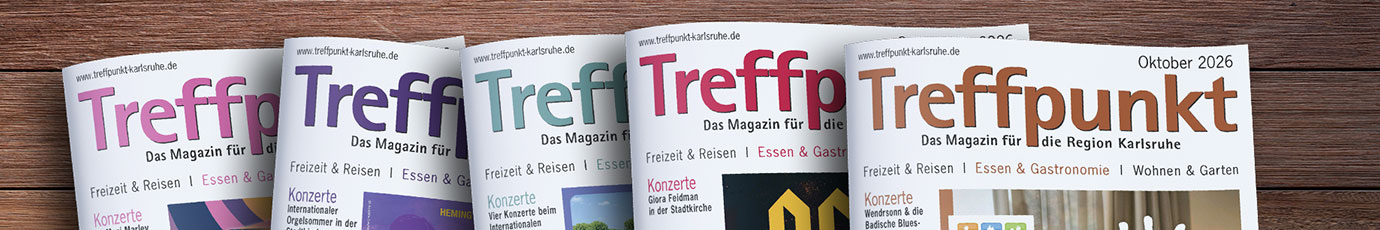 Die Titelseiten der letzten 5 Ausgaben des Magazins Treffpunkt Karlsruhe