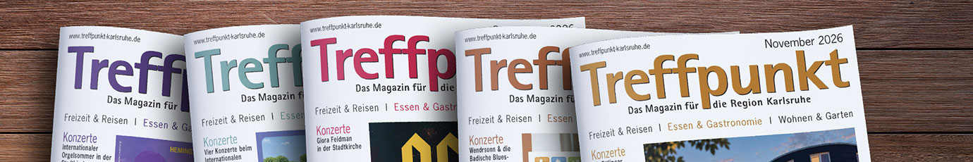 Die Titelseiten der letzten 5 Ausgaben des Magazins Treffpunkt Karlsruhe